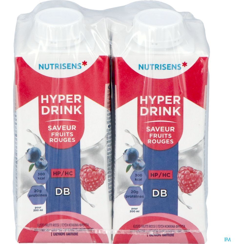 Emballage de 2 boissons. Inscription: Hyper Drink, fruits rouges, 300 kcal, 20g protéines. Marque: Nutrisens.