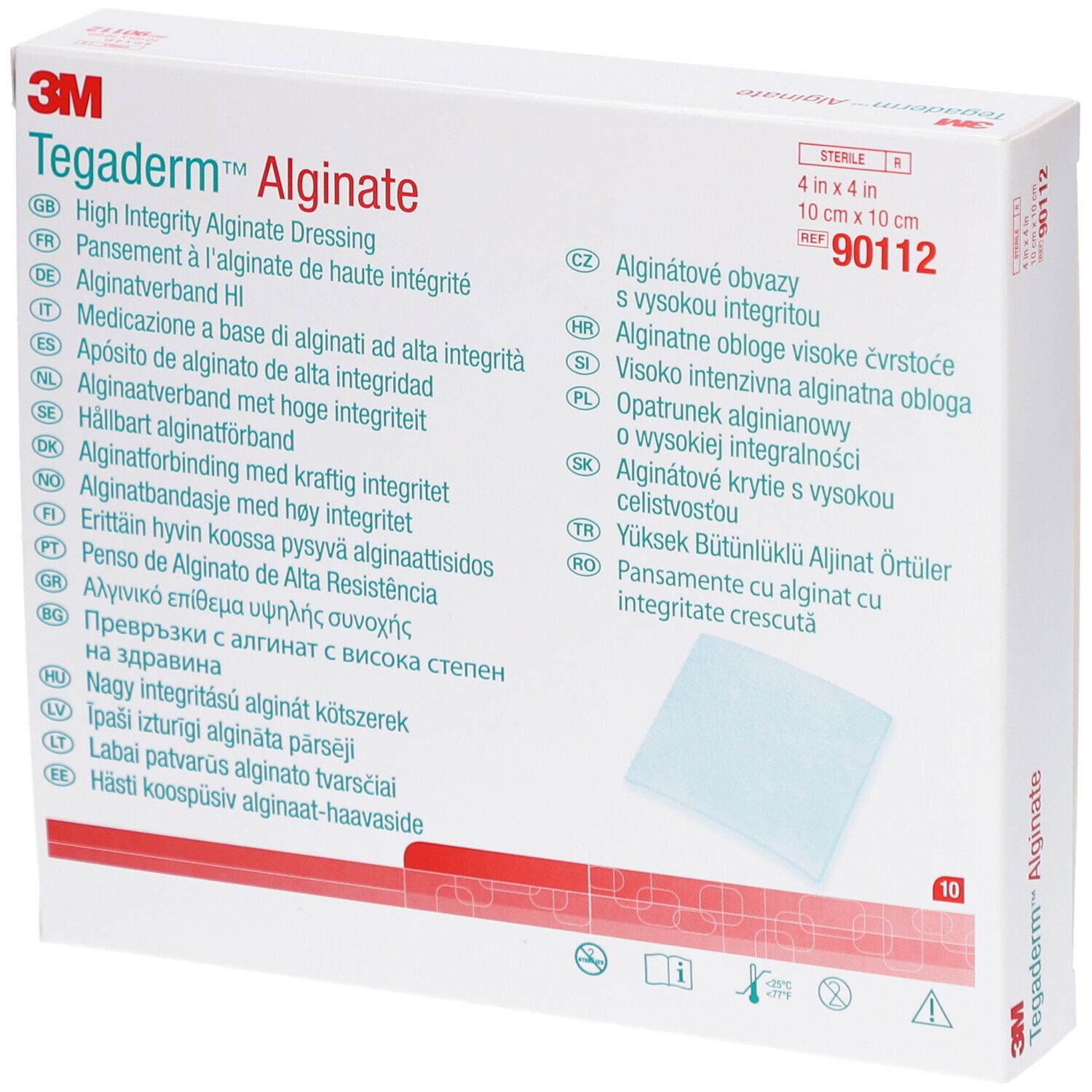 Boîte de Tegaderm Alginate. Nom du produit, dimensions 10x10 cm, et logo stérile. Contient un pansement carré.