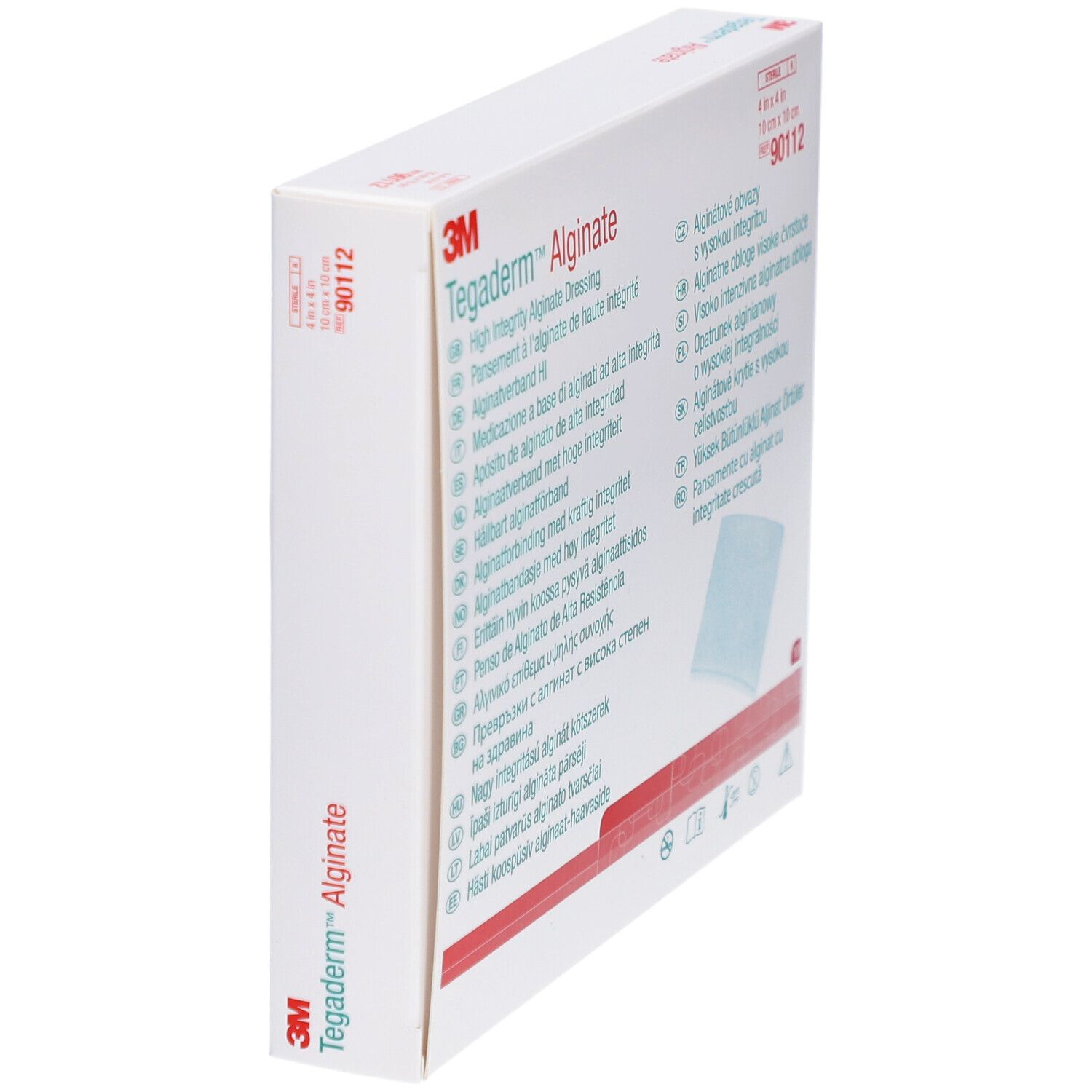 Boîte de Tegaderm Alginate en biais. Affiche le nom du produit et les logos. La boîte est blanche avec des accents rouges.