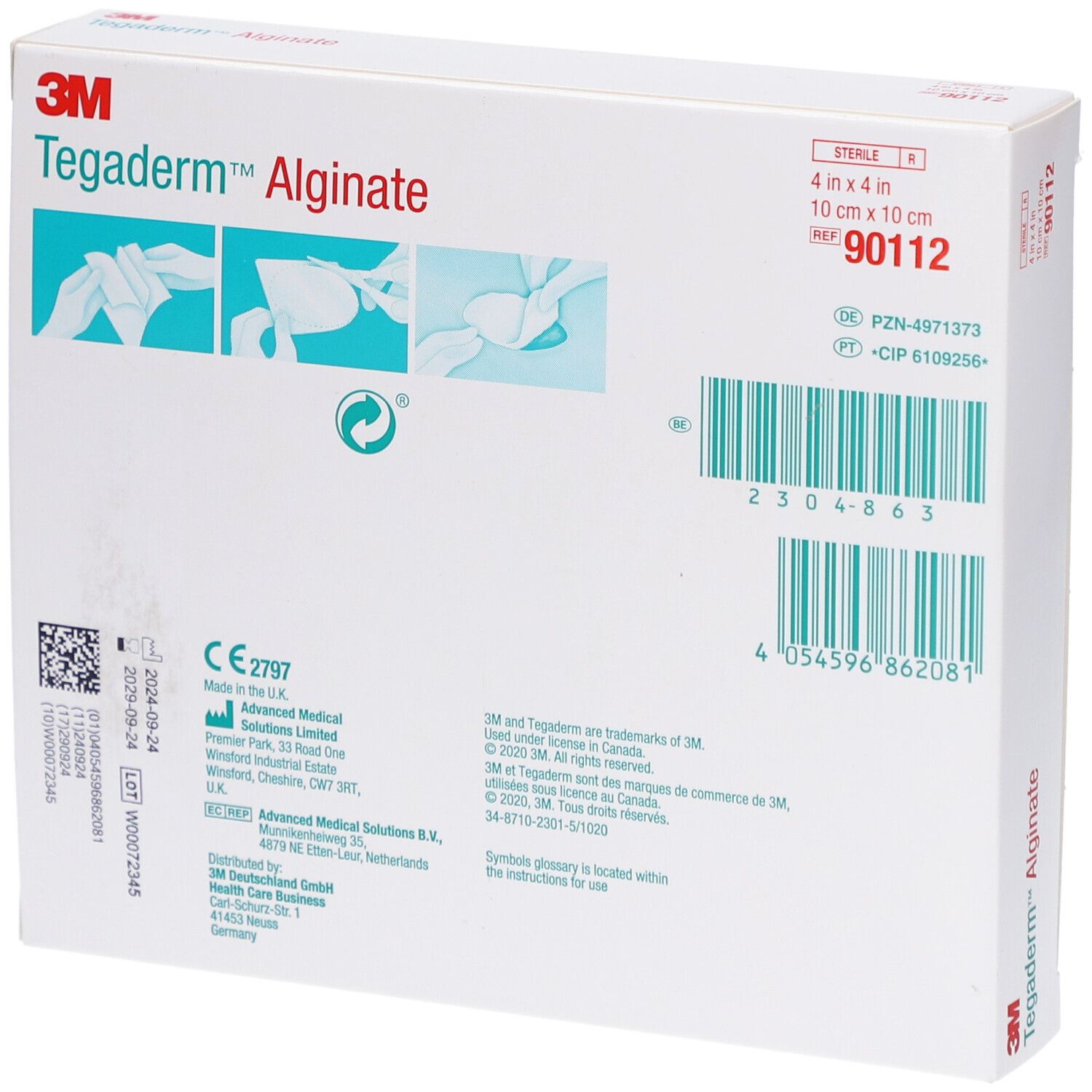 Dos de la boîte Tegaderm Alginate. Informations produit, code-barres et marquage CE. Contient des illustrations.