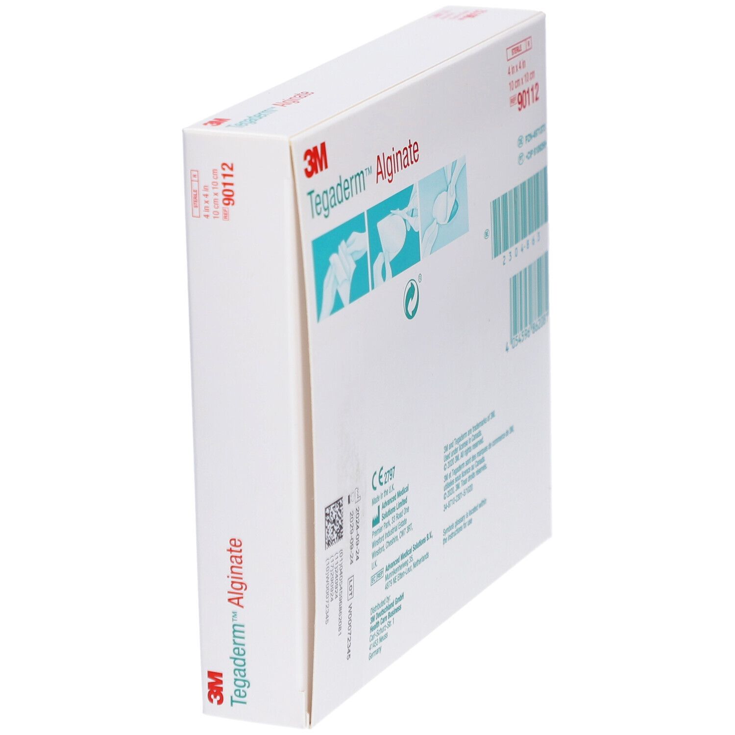 Boîte de Tegaderm Alginate en biais. Arrière avec informations produit, code-barres et marquage CE.