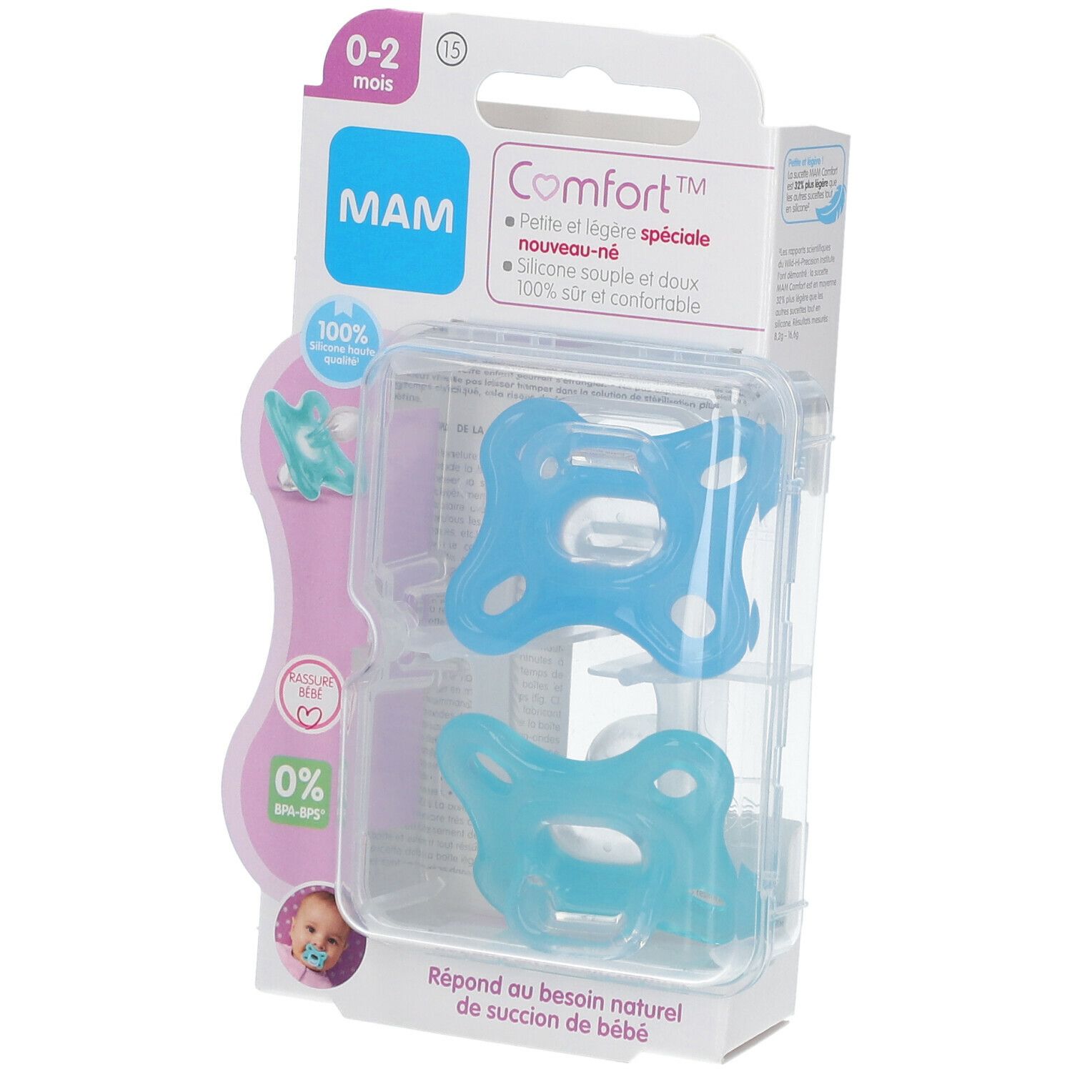 Deux sucettes bleues dans un emballage transparent. MAM Comfort, 0-2 mois, est écrit sur l'emballage.
