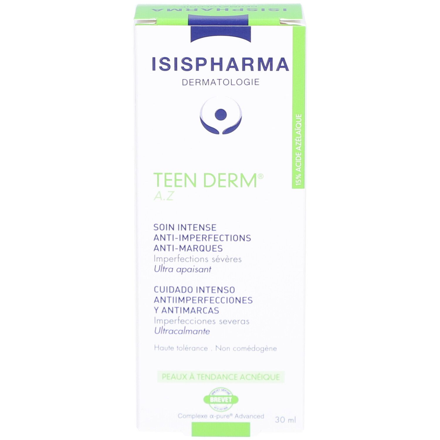 Emballage en carton design vert et blanc. Texte: ISISPHARMA, Teen Derm A.Z, Anti-imperfections, 30 ml. Brevet.