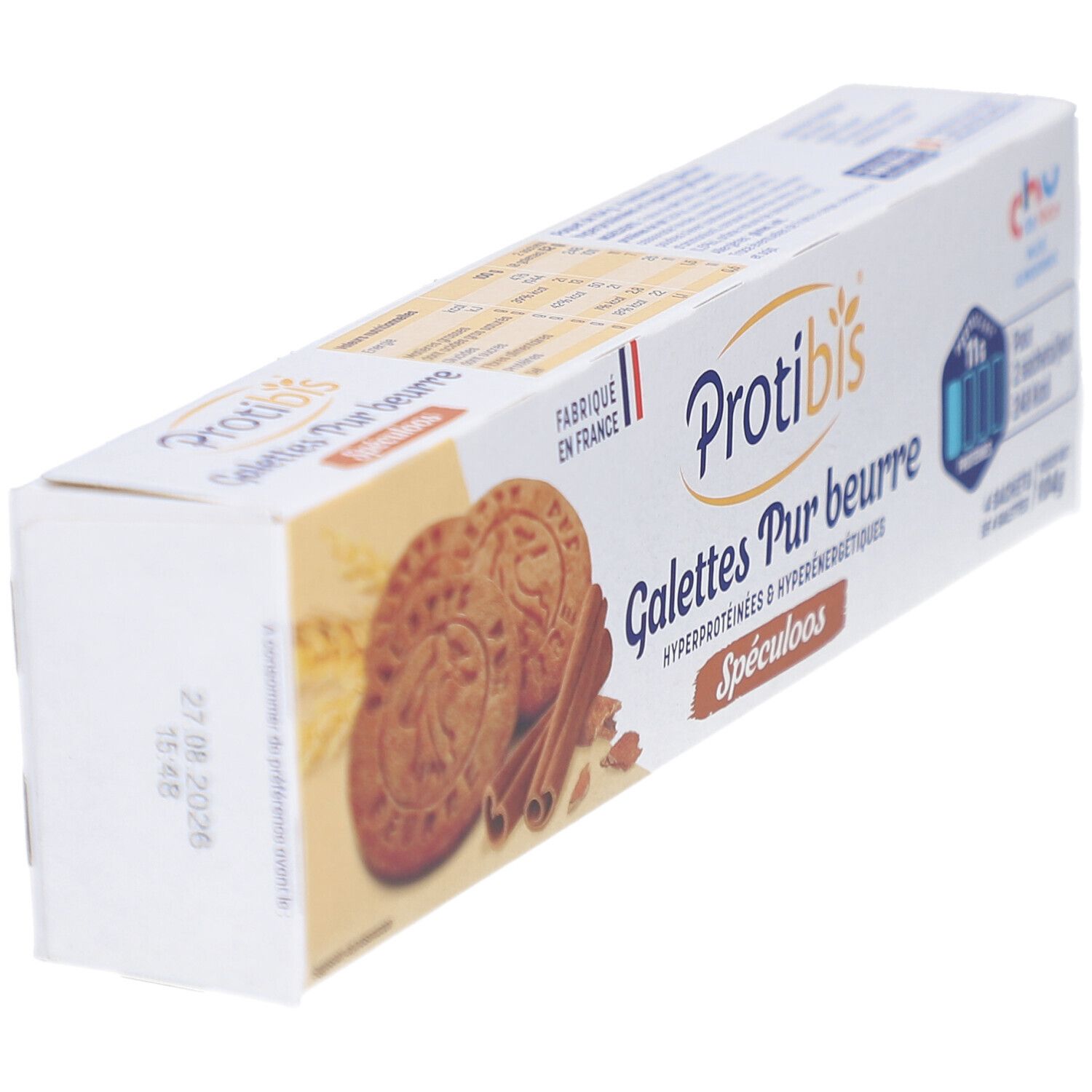 Vue en biais de la boîte Protibis Galettes HP/HC Spéculoos. Montre biscuits, bâtons de cannelle et informations produit.