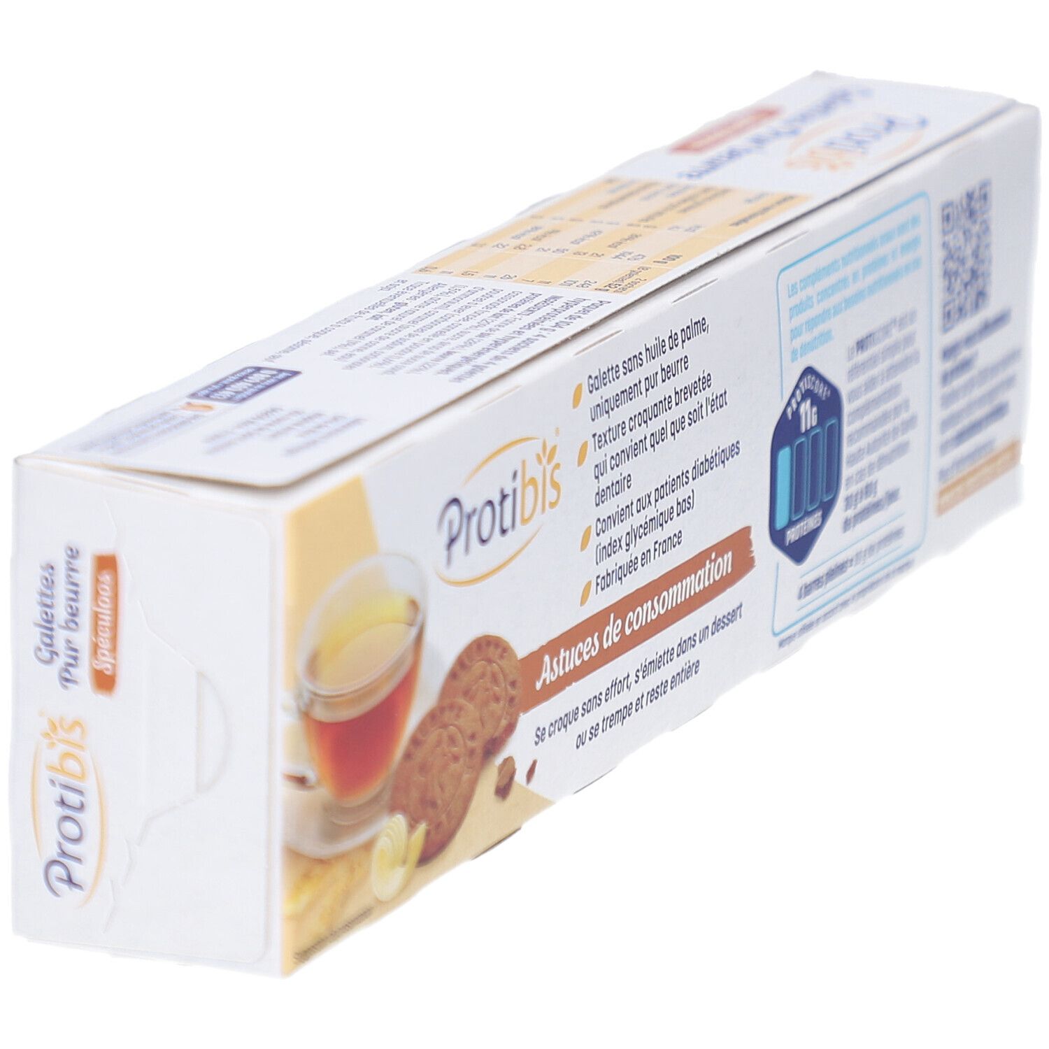 Vue en biais de la boîte Protibis Galettes HP/HC Spéculoos. Montre biscuits, thé et conseils de consommation.