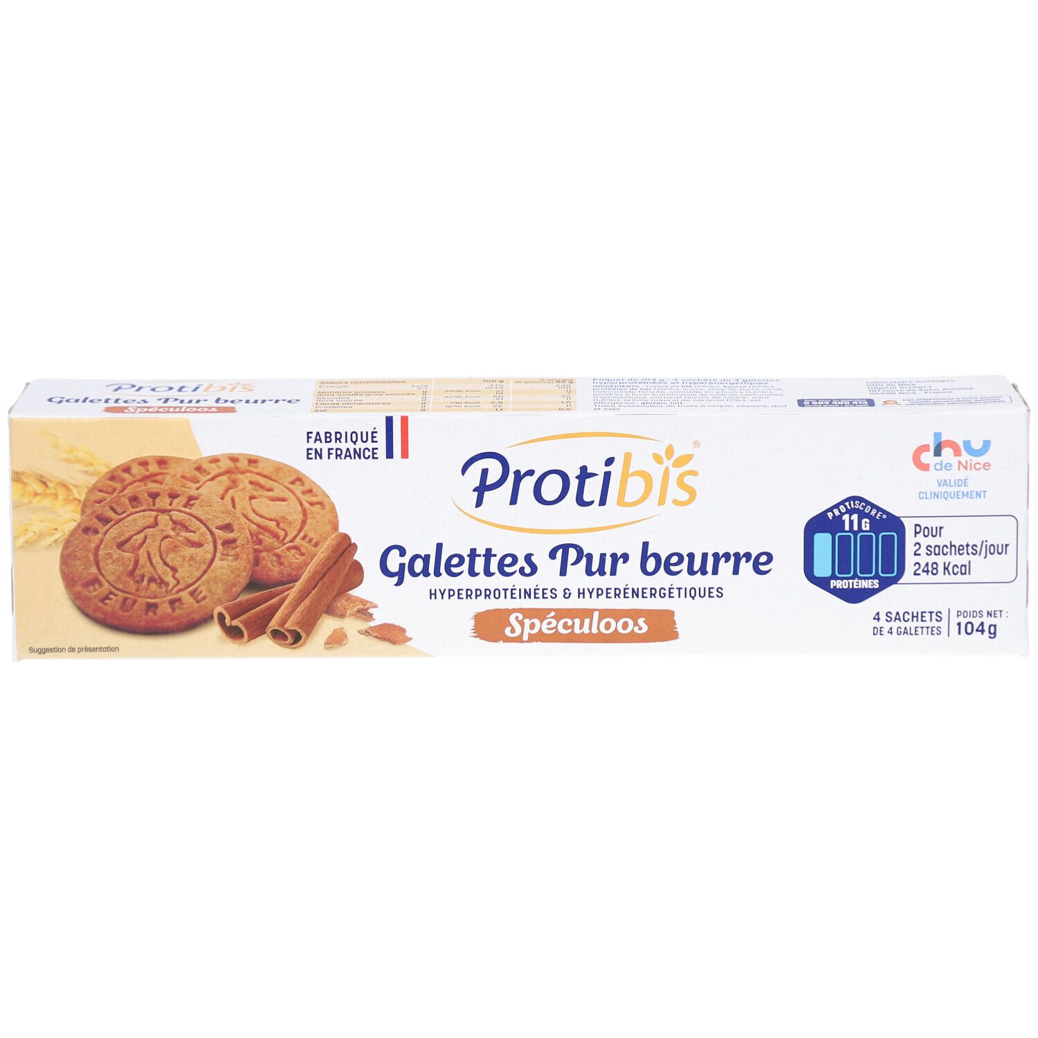 Boîte Protibis Galettes HP/HC Spéculoos. Contient des biscuits, bâtons de cannelle et informations produit. 4 sachets.