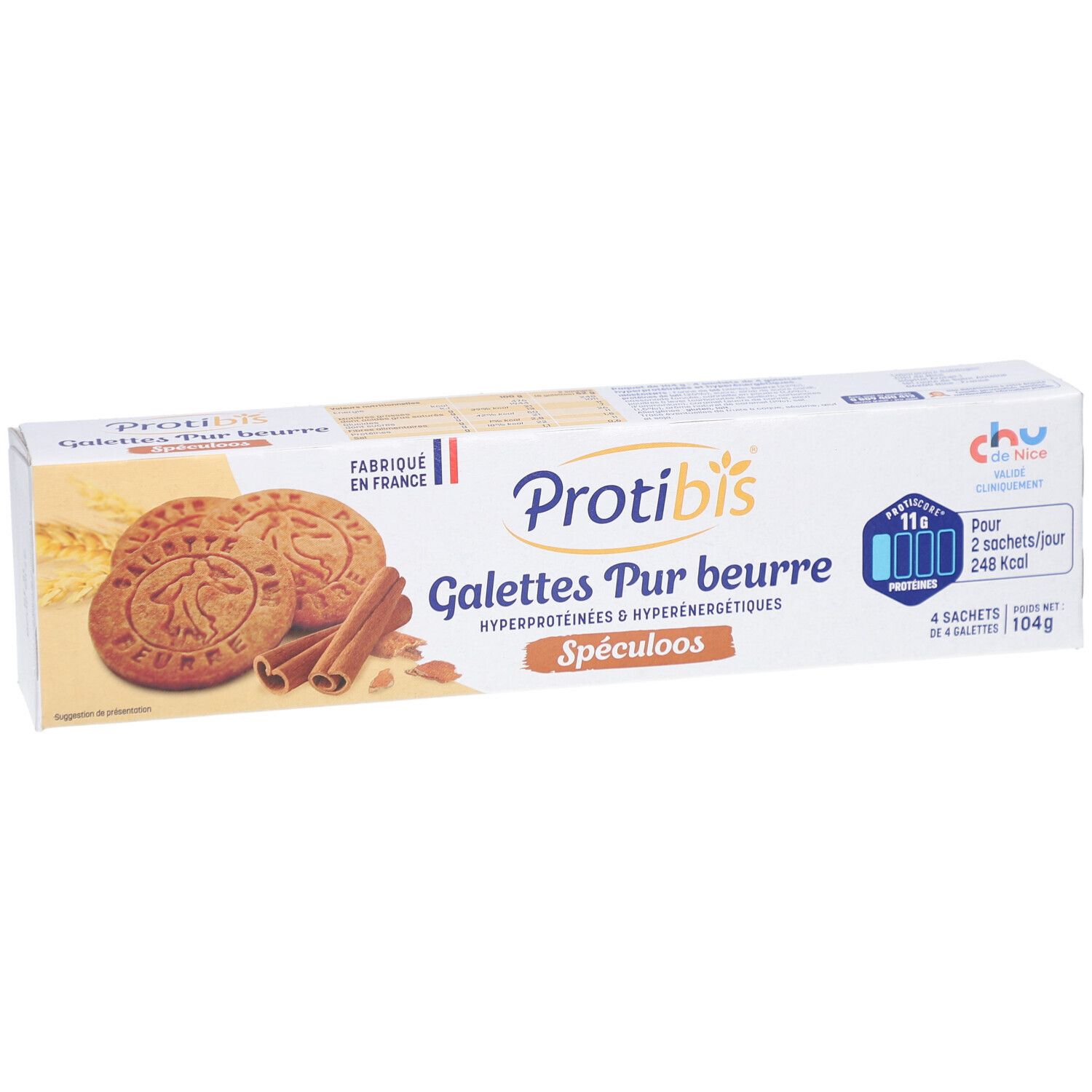 Boîte Protibis Galettes HP/HC Spéculoos. Contient des biscuits, bâtons de cannelle et informations produit. 4 sachets.