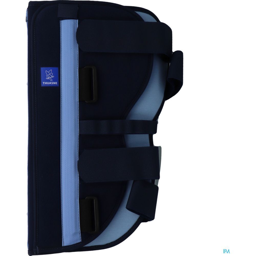 Orthèse de genou THUASNE LigaFlex IMMO 0° Taille S. Bleu foncé avec bandes bleu clair et fermetures velcro.