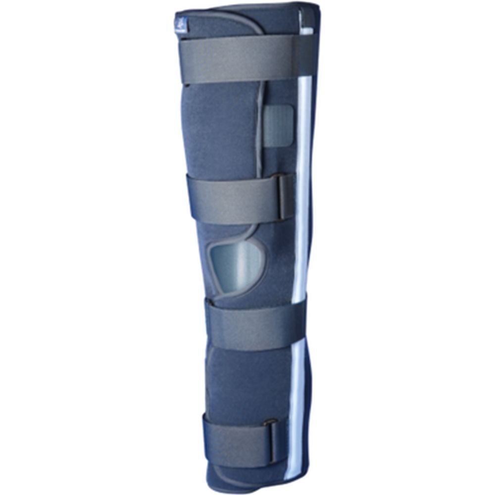Orthèse de genou bleu foncé, sangles grises, bande blanche. Taille M. Découpe pour articulation du genou.