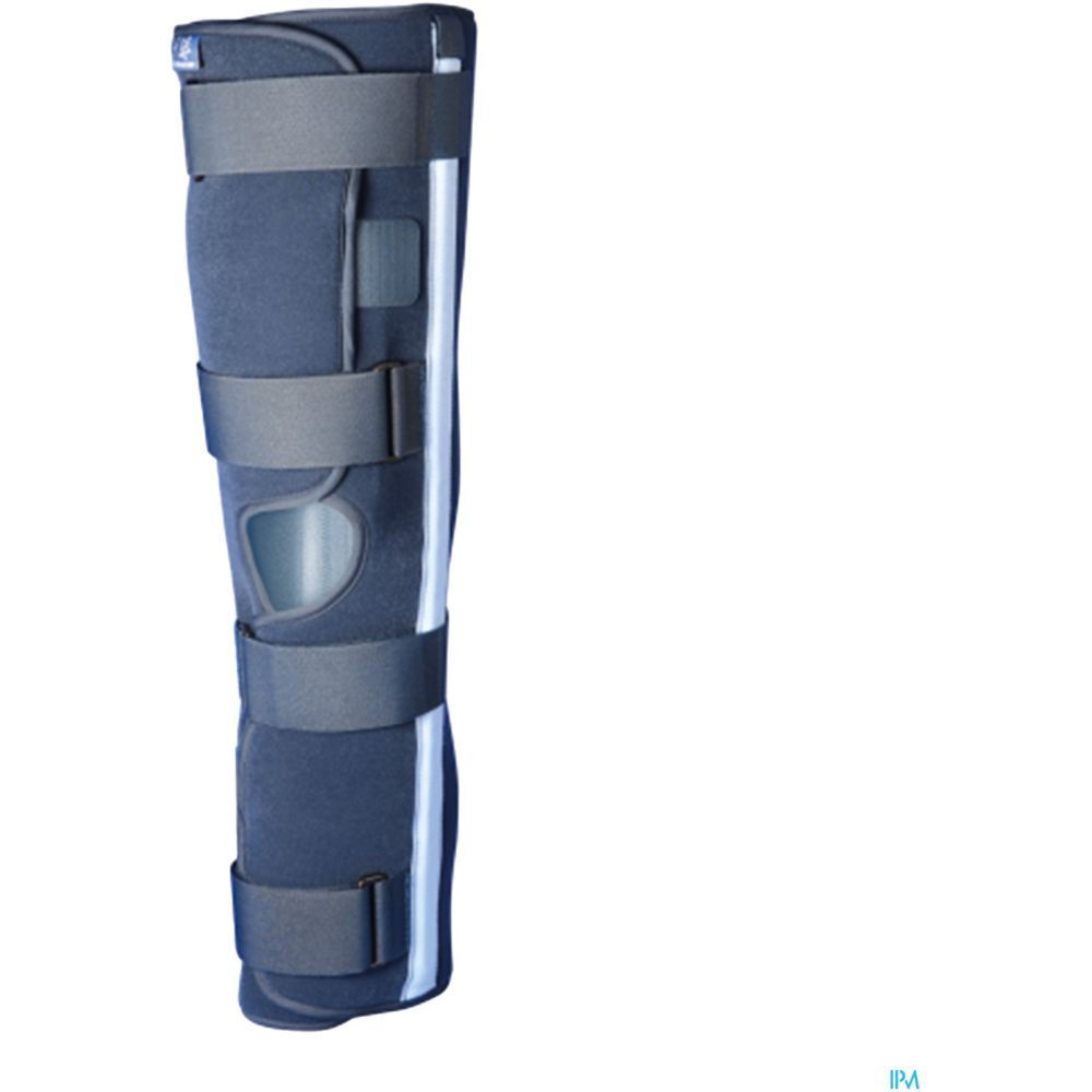 Orthèse de genou bleu foncé, sangles grises, bande blanche. Taille M. Découpe pour articulation du genou.