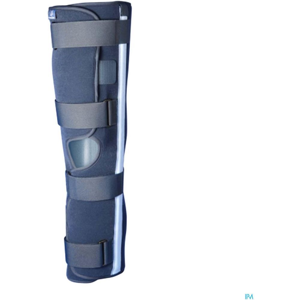 Orthèse de genou bleu foncé, sangles grises, bande blanche. Taille M. Découpe pour articulation du genou.