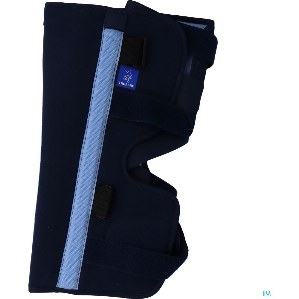 Orthèse de genou bleu foncé, bandes bleues, fermetures velcro. Logo THUSANE. Taille junior.