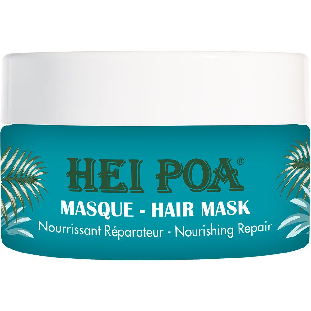 Pot cylindrique de masque capillaire HEI POA®. Turquoise avec couvercle blanc. Inscription HEI POA® et nom du produit. Texte: Masque - Hair Mask.