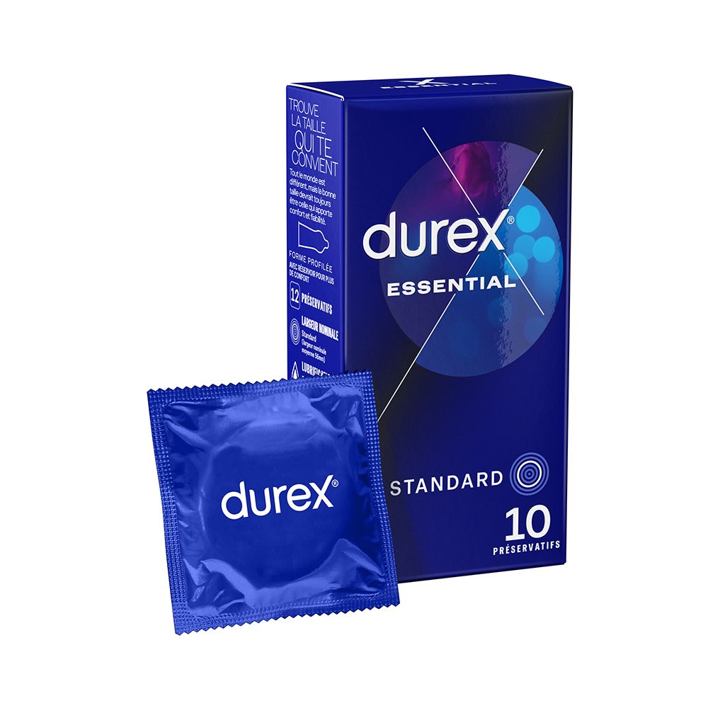 Boîte de préservatifs Durex Essential et un préservatif. Emballage bleu, nom du produit et 10 préservatifs.