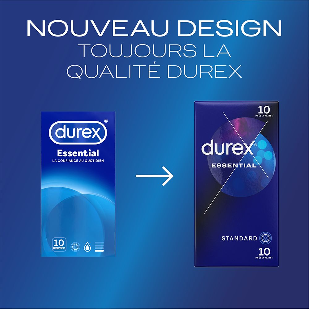 Comparaison de deux boîtes de préservatifs Durex Essential. Nouveau design, même qualité.
