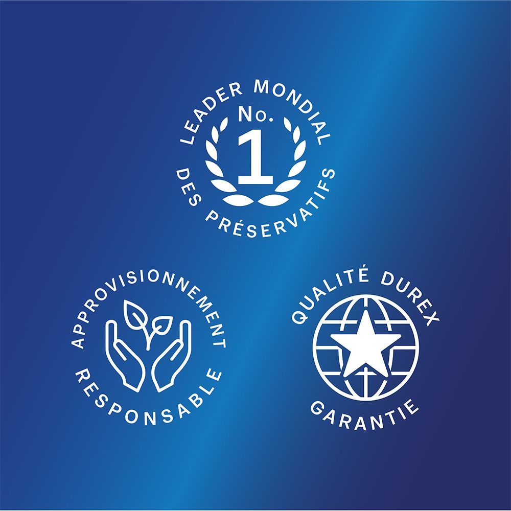 Trois logos : N° 1 mondial, approvisionnement responsable, garantie de qualité Durex.