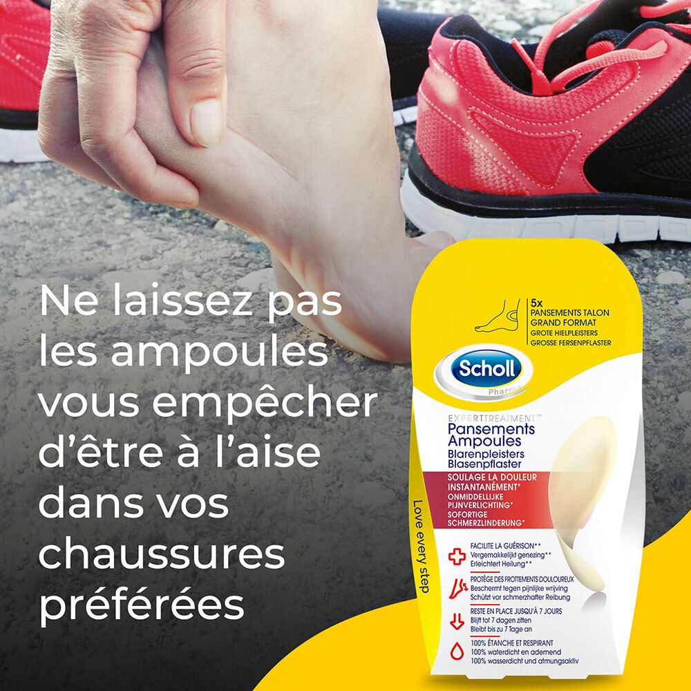 Emballage Scholl Pansements Ampoules à côté de pieds en chaussures de course. Texte: Empêchez les ampoules.