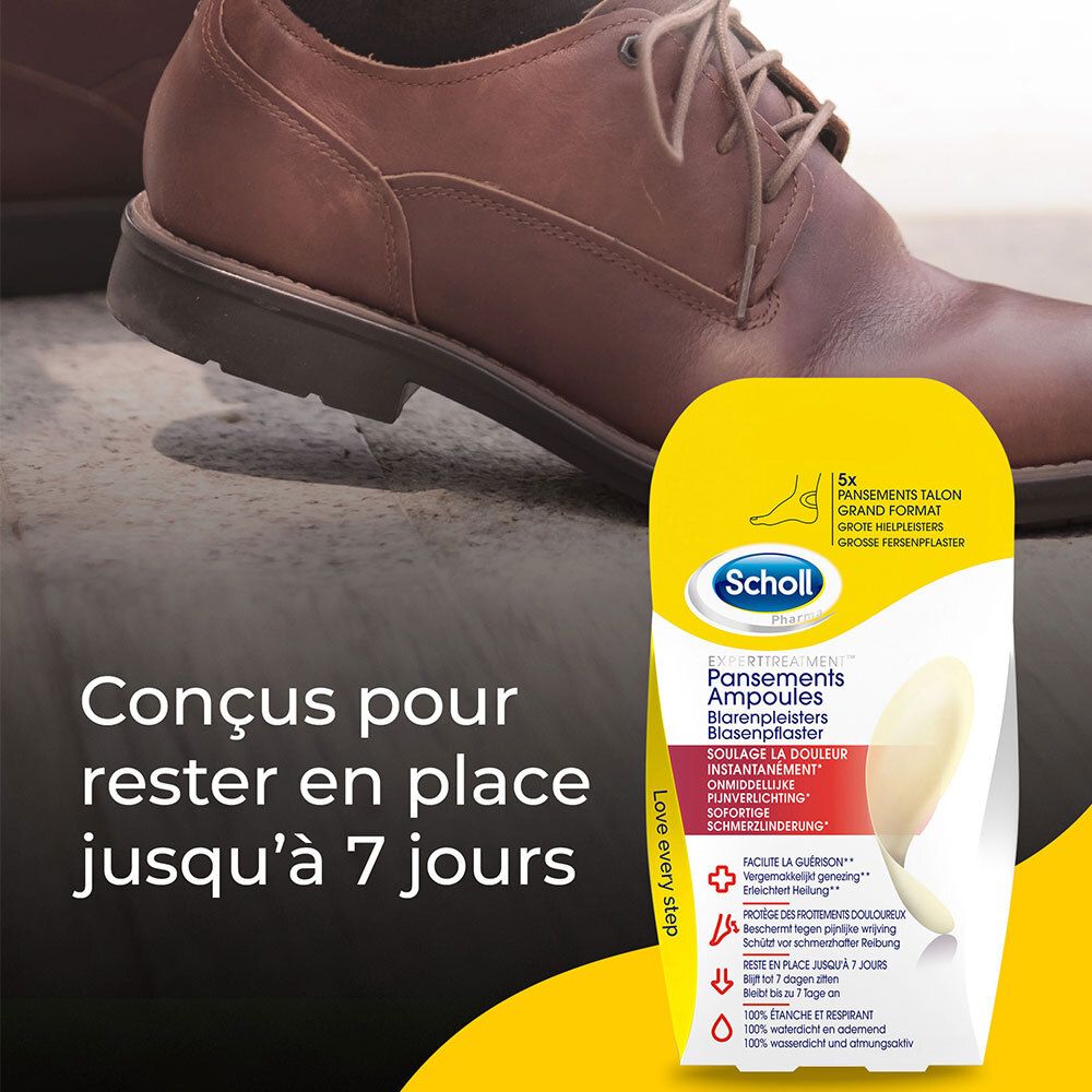 Emballage Scholl Pansements Ampoules à côté d'un pied dans une chaussure. Texte: Restent jusqu'à 7 jours.