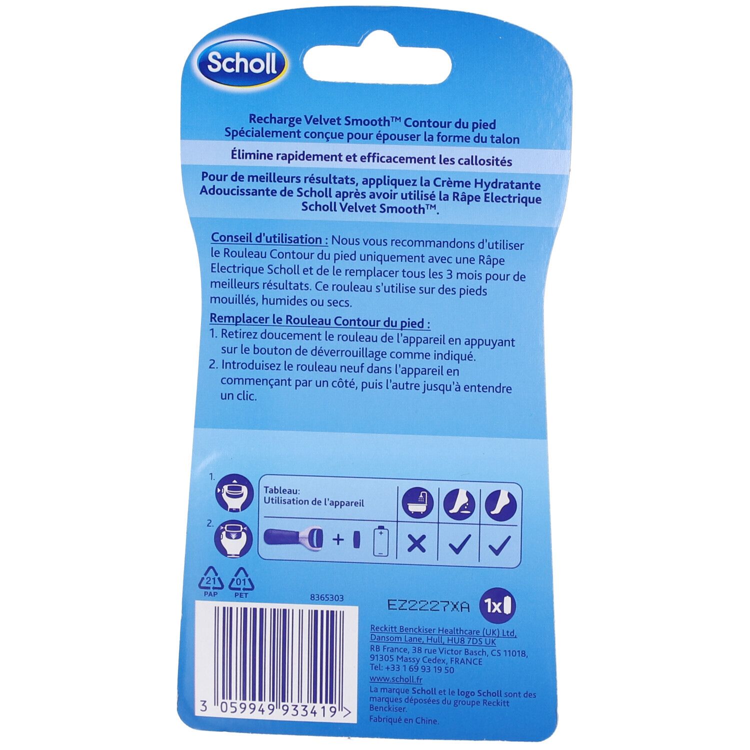 Dos de la recharge Scholl Velvet Smooth™. Informations textuelles, nom du produit, logo et pictogrammes sur l'emballage.