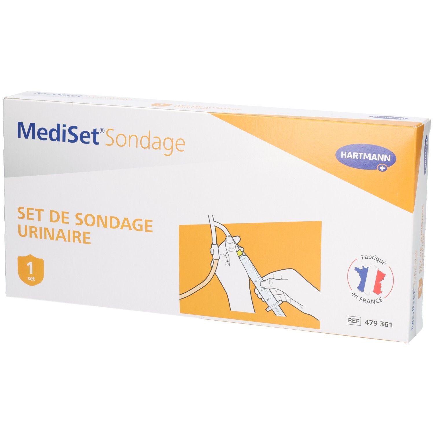 Boîte MediSet Sondage. Inscription: Set de sondage urinaire. Logo Hartmann. Drapeau français. Illustration d'utilisation.