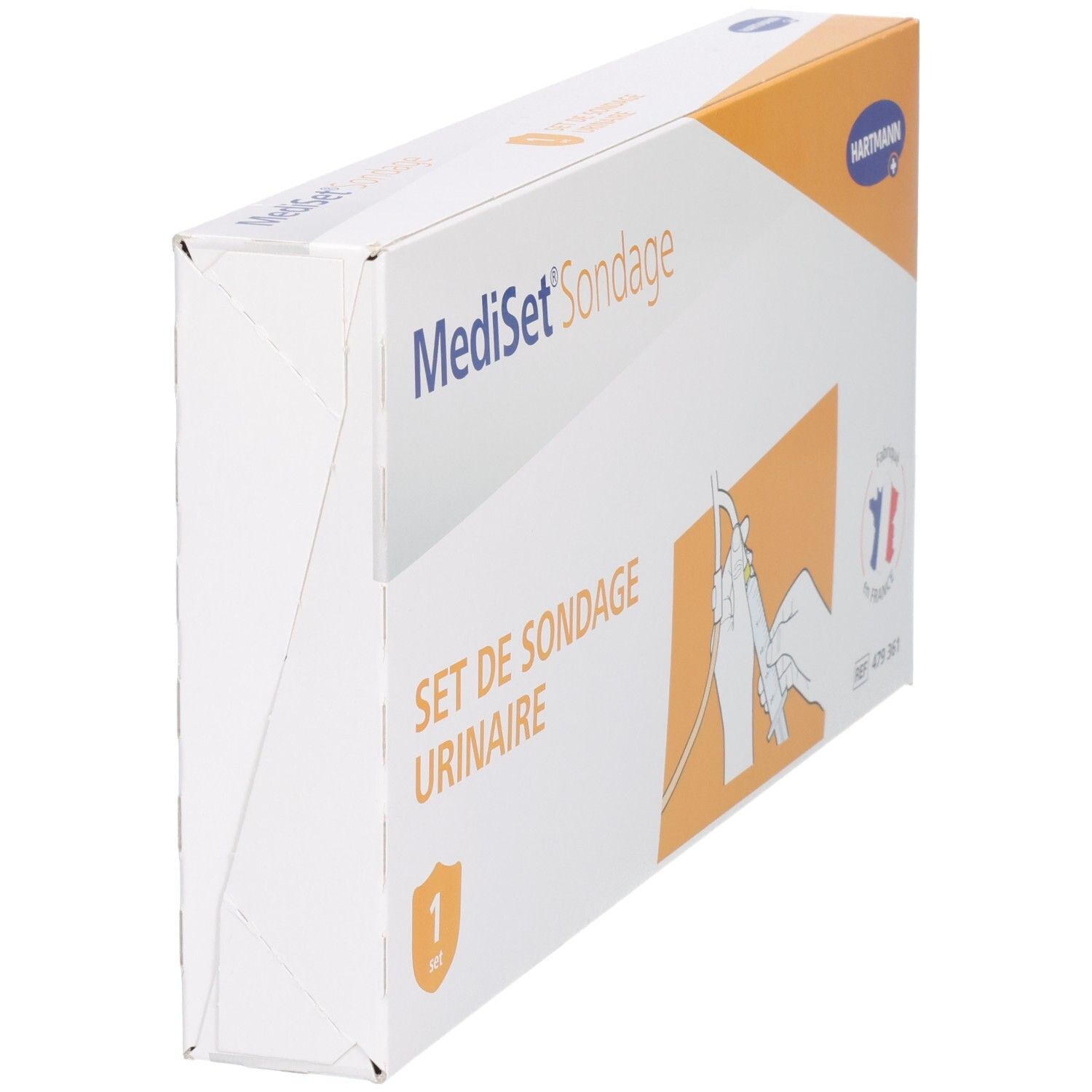 Boîte MediSet Sondage en biais. Inscription: Set de sondage urinaire. Logo Hartmann. Drapeau français.