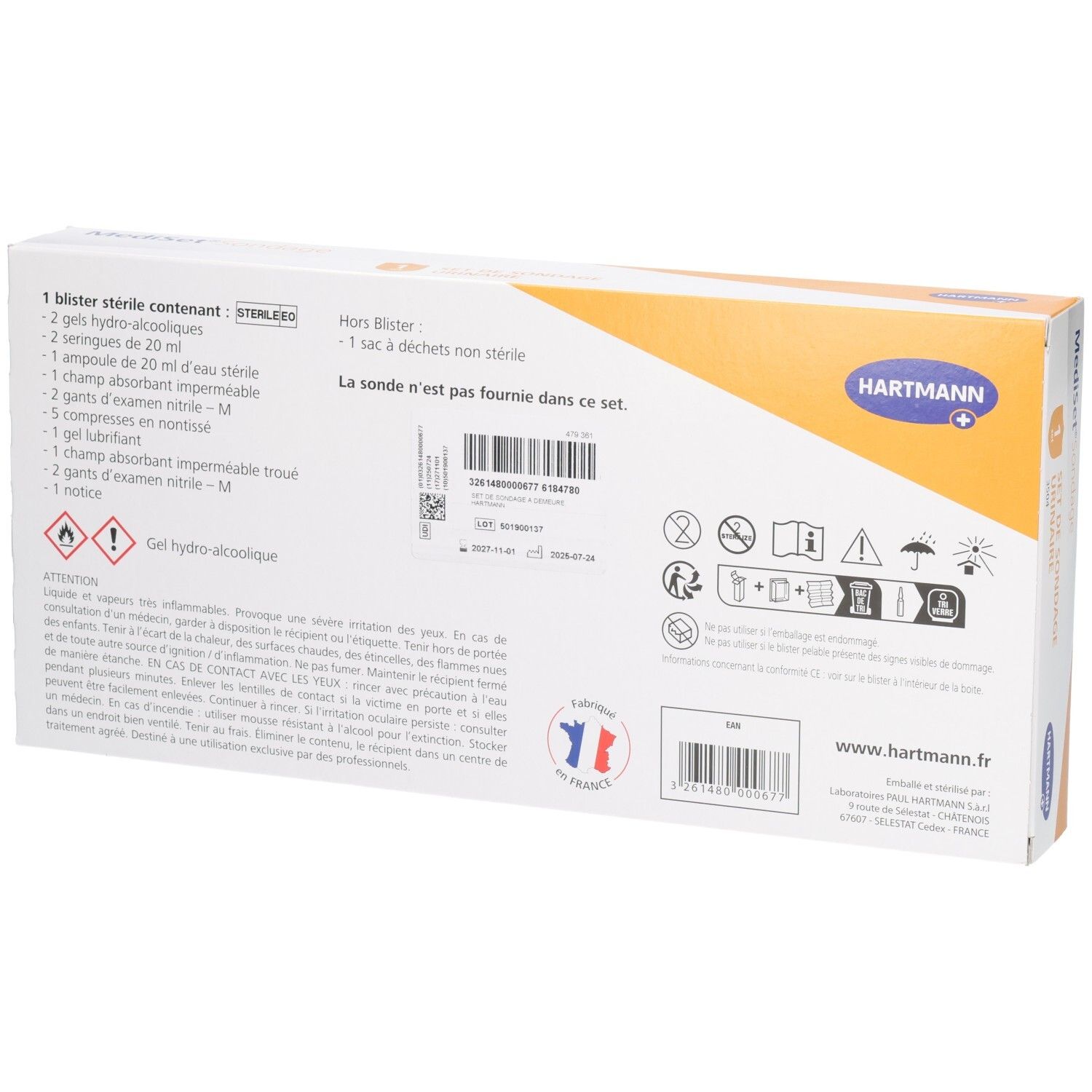 Dos de la boîte. Liste des composants stériles. Avertissements et pictogrammes. Informations de fabrication et de contact.