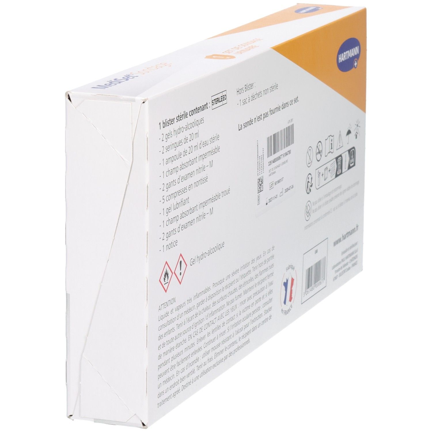 Dos de la boîte en biais. Liste des composants stériles. Avertissements et pictogrammes.
