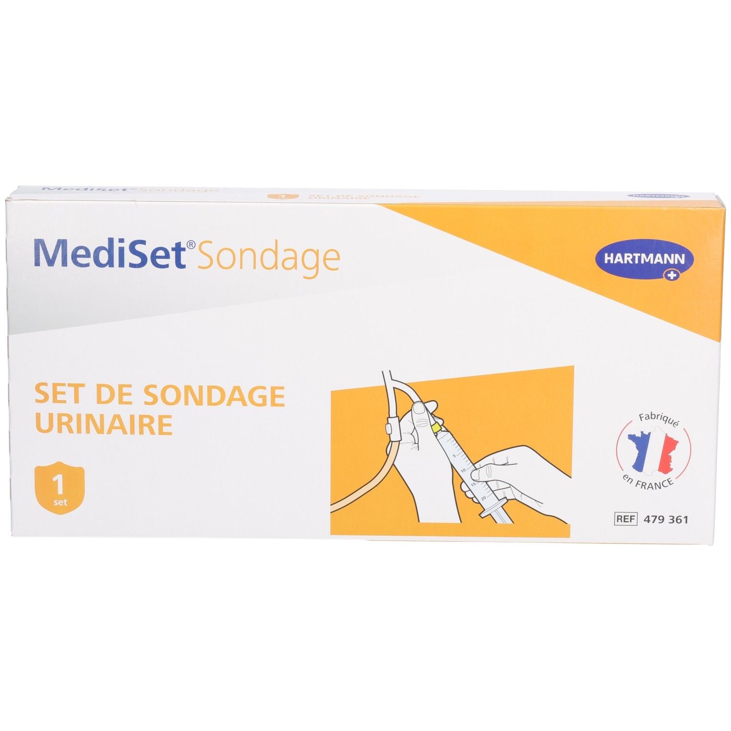 Boîte MediSet Sondage. Inscription: Set de sondage urinaire. Logo Hartmann. Drapeau français. Illustration d'utilisation.