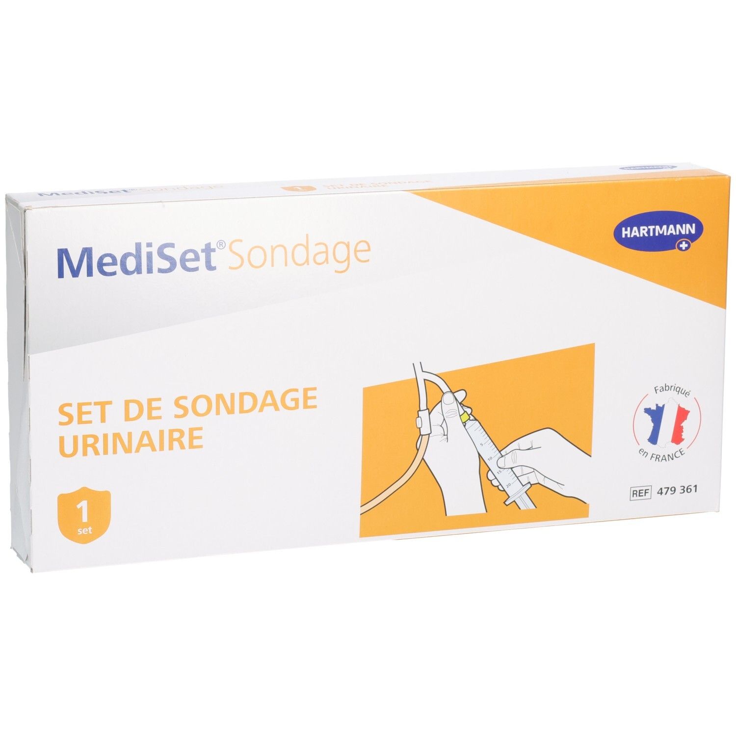 Boîte MediSet Sondage. Inscription: Set de sondage urinaire. Logo Hartmann. Drapeau français. Illustration d'utilisation.