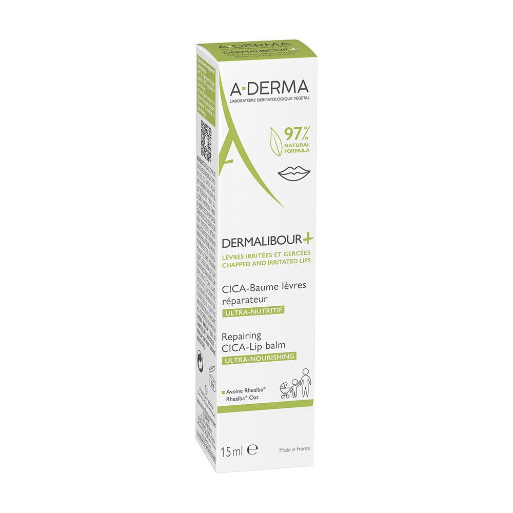 A-DERMA DERMALIBOUR+ CICA-Baume lèvres réparateur. Boîte avec image et texte. 15ml.