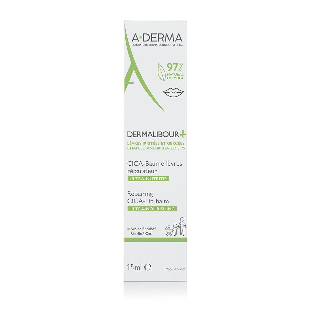 A-DERMA DERMALIBOUR+ CICA-Baume lèvres réparateur. Boîte avec image et texte. 15ml.