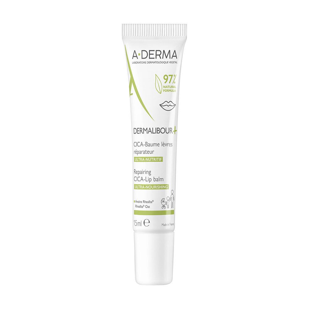 A-DERMA DERMALIBOUR+ CICA-Baume lèvres réparateur. Tube avec image et texte. 15ml.