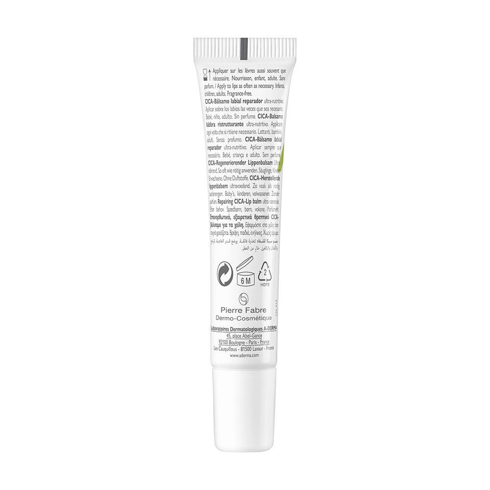 Dos du tube A-DERMA CICA-Baume lèvres réparateur. Texte multilingue. 15ml.