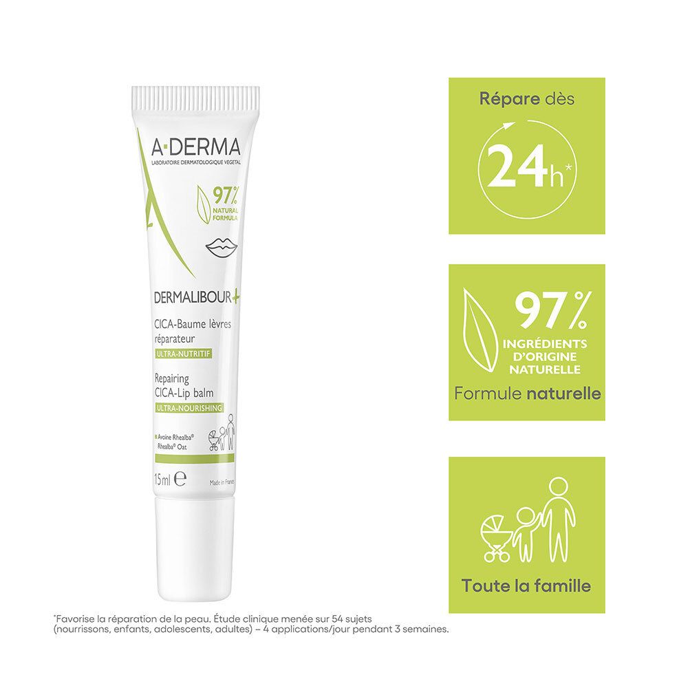 A-DERMA CICA-Baume lèvres réparateur. Tube avec texte et icônes. 15ml. 97% ingrédients naturels.
