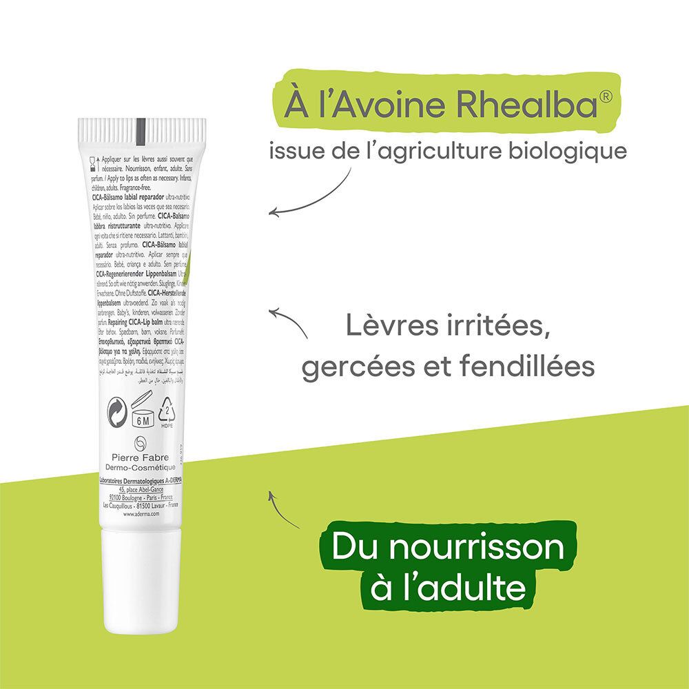Dos du tube. Texte : Avoine Rhealba, pour lèvres irritées, pour bébés et adultes.