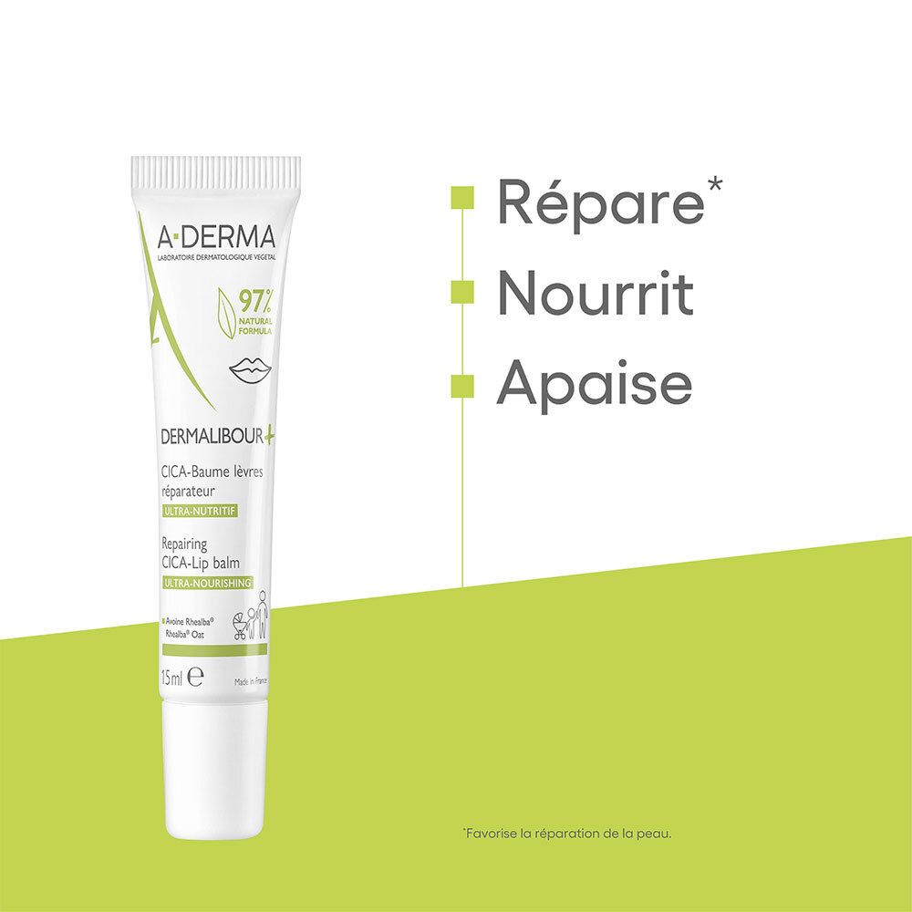 A-DERMA CICA-Baume lèvres réparateur. Tube avec texte. Répare, nourrit, apaise.