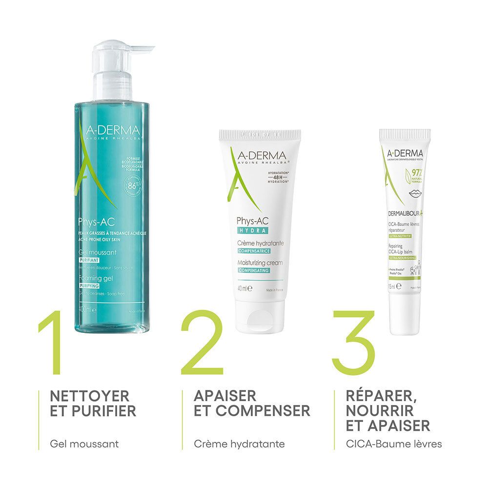 Trois produits : Gel nettoyant, crème hydratante, CICA-Baume lèvres réparateur.