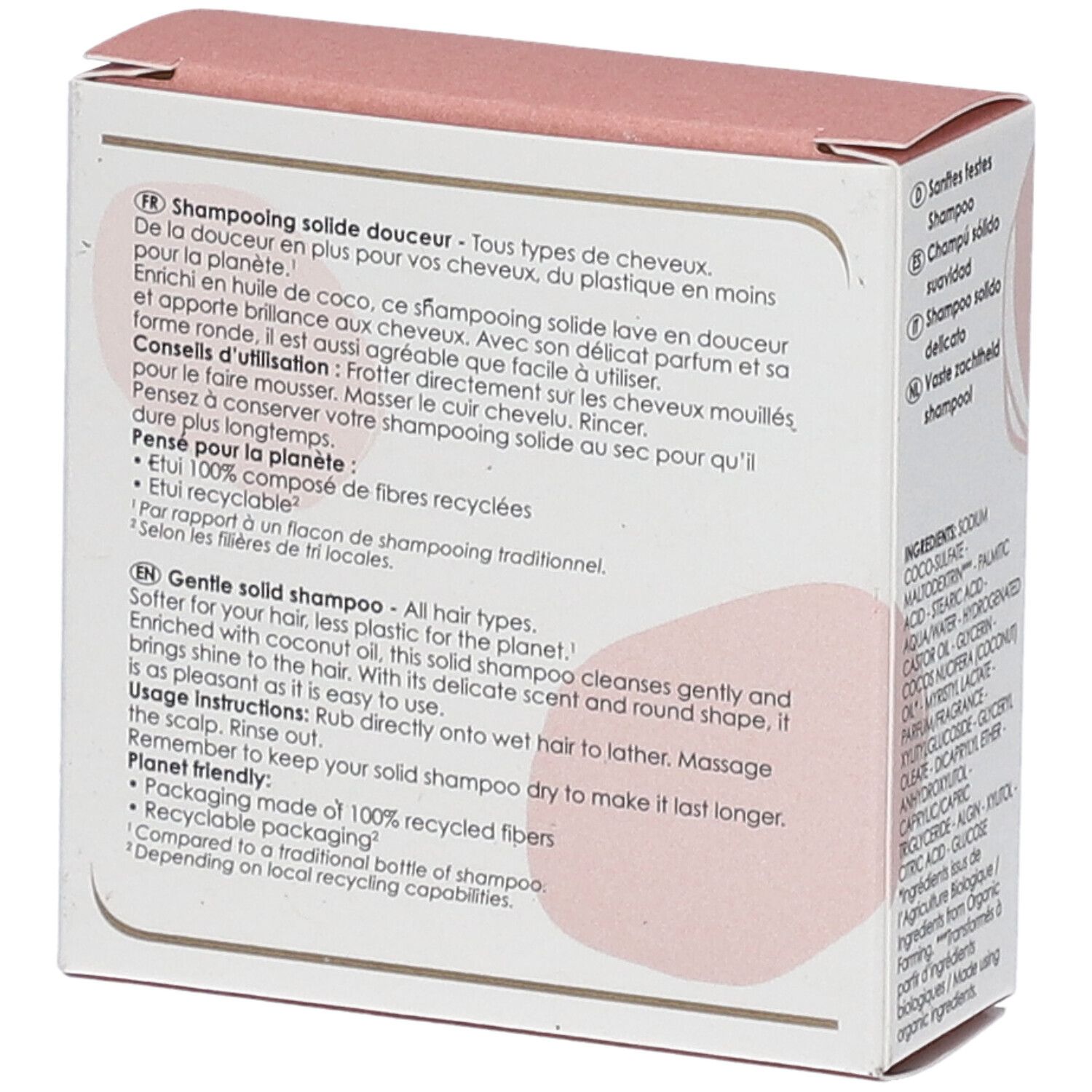 Dos de l'emballage du shampooing. Texte : "Shampooing solide douceur", "Tous types de cheveux". Ingrédients et certifications.
