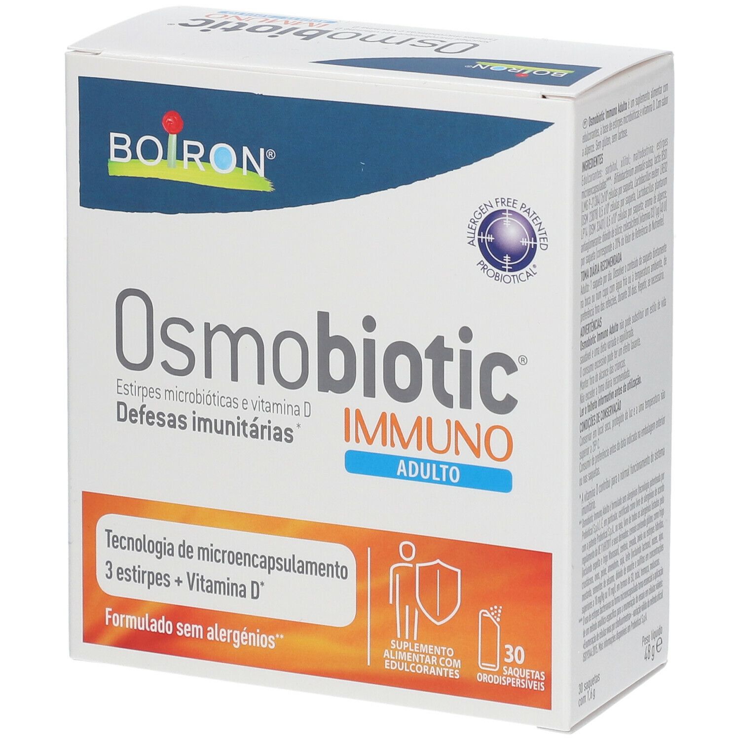 Boîte blanche BOIRON® Osmobiotic® Immuno Adulte. Inscription: Immuno, Adulte, 30 sachets. Logo: Formulado sem alergénios.