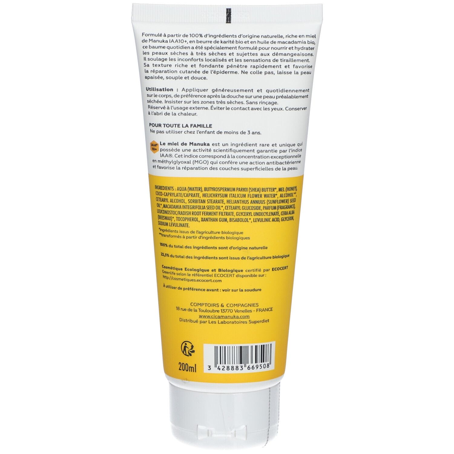 Dos du tube de Baume corps réparateur CicaManuka®. Texte et ingrédients. 200ml. Code-barres. Certification bio.