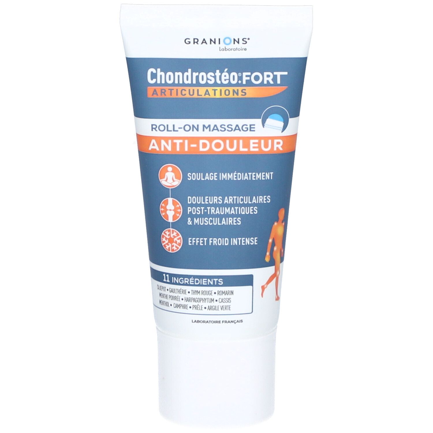 Tube blanc et bleu avec texte: Chondrostéo FORT, Anti-Douleur, Roll-on Massage. Contient un applicateur roll-on.