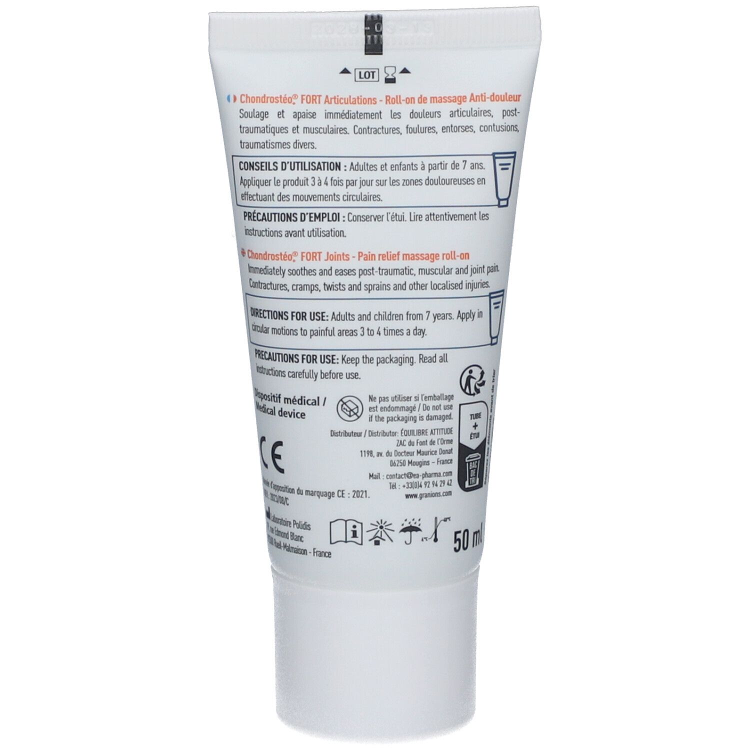 Dos du tube. Texte: Chondrostéo FORT, conseils d'utilisation, précautions, 50 ml.