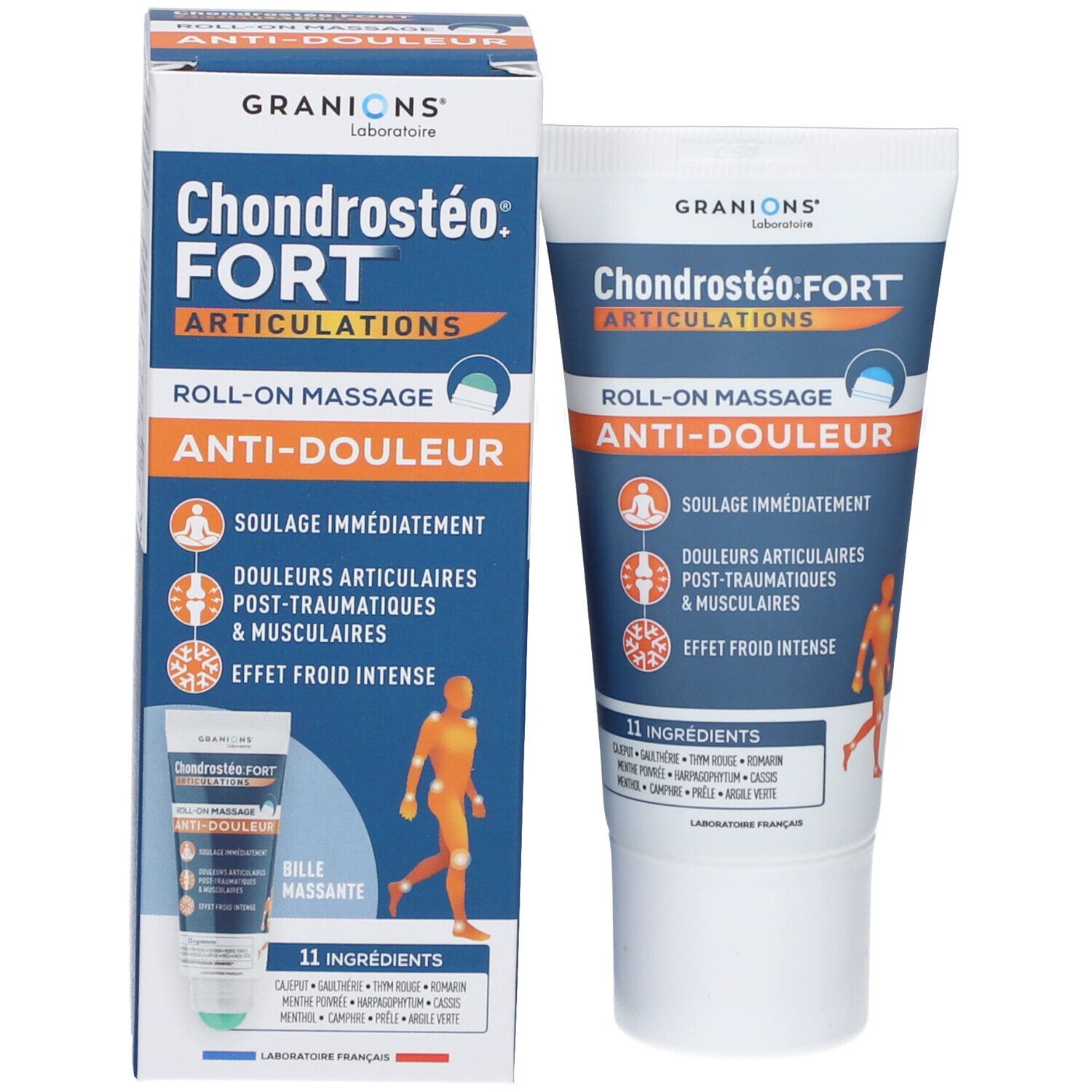 Emballage et tube. Emballage: Chondrostéo FORT, Anti-Douleur, Roll-on Massage. Tube: même texte.