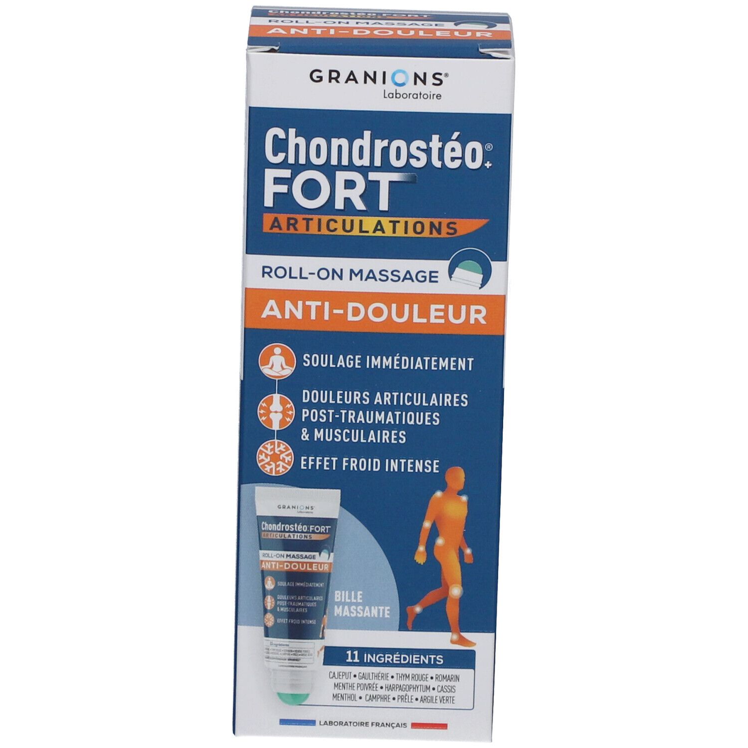 Emballage du produit. Texte: Chondrostéo FORT, Anti-Douleur, Roll-on Massage. Avec image de l'applicateur roll-on.