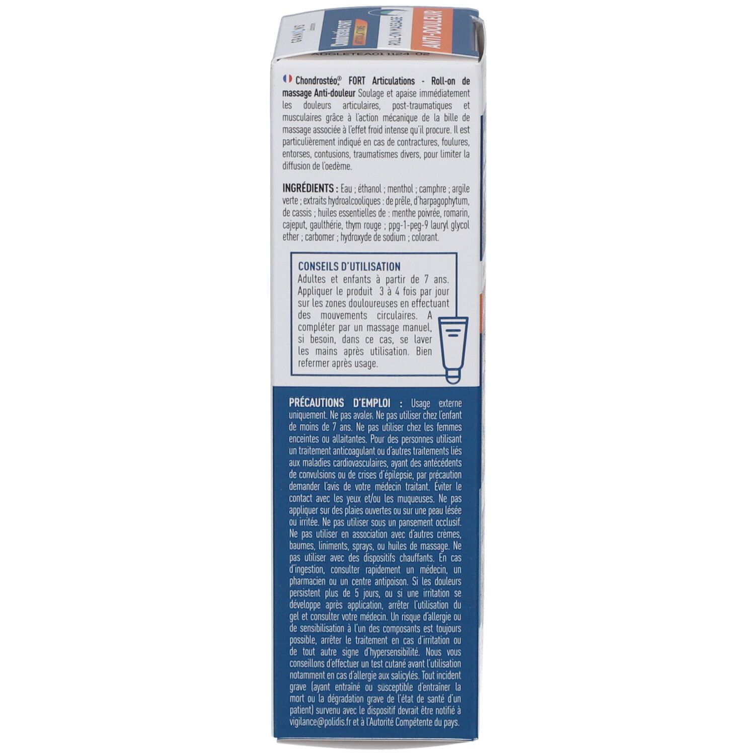 Côté de l'emballage. Texte: Chondrostéo FORT, conseils d'utilisation, ingrédients, précautions.
