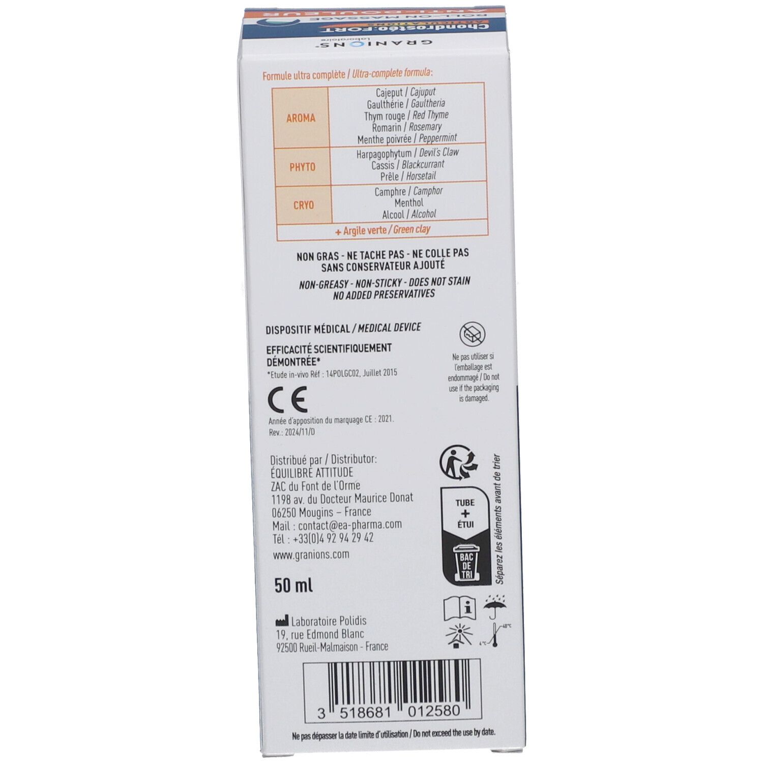 Côté de l'emballage. Texte: Ingrédients, informations fabricant, 50 ml, marquage CE.