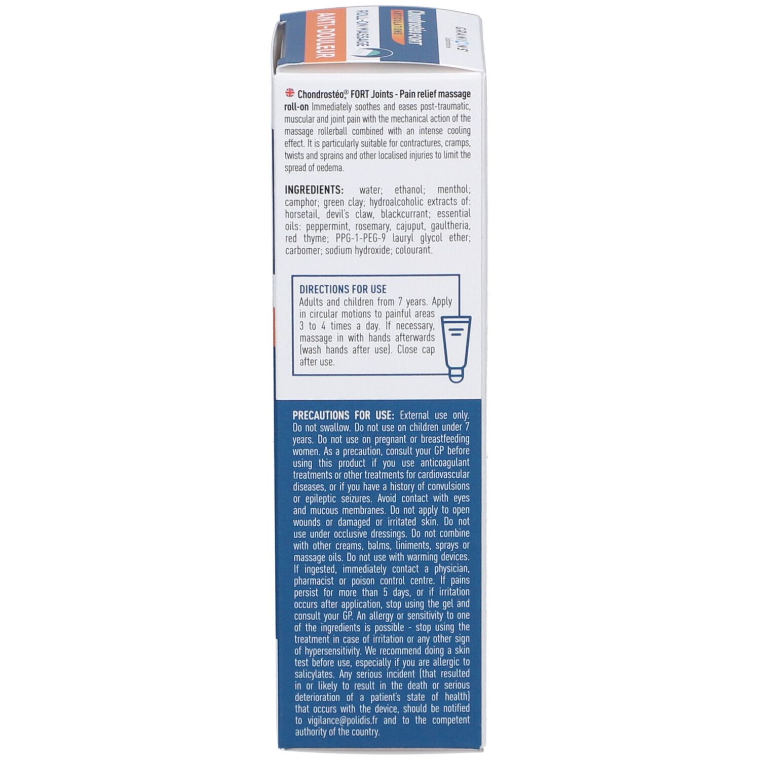 Côté de l'emballage. Texte: Conseils d'utilisation, précautions, informations fabricant.