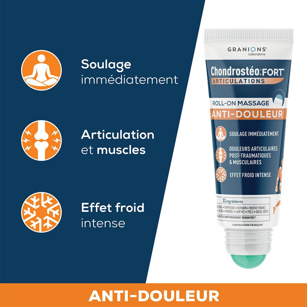 Tube avec applicateur roll-on. Inscription: Chondrostéo Fort Articulations, Roll-on Massage Anti-Douleur. Bille verte.