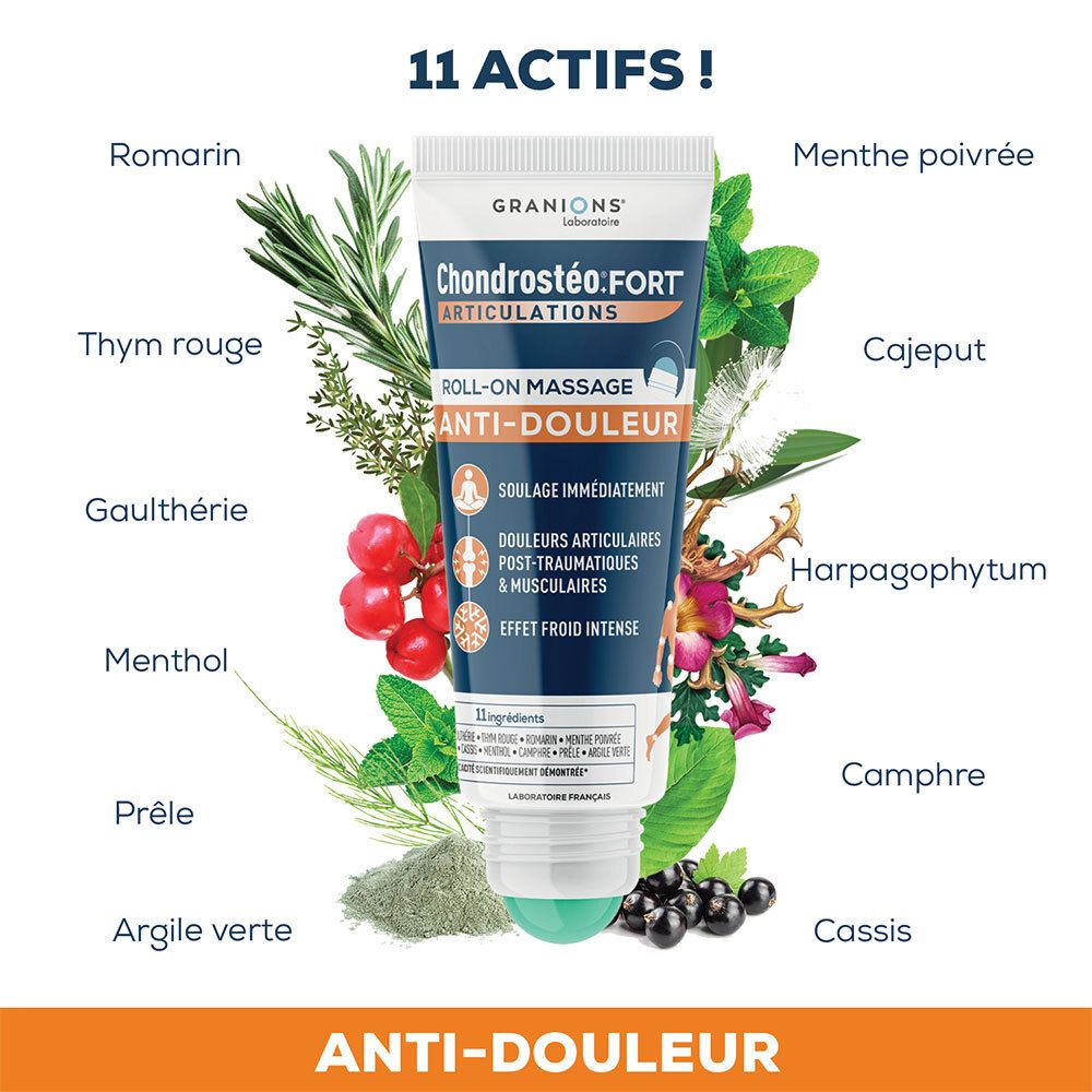 Tube avec herbes et ingrédients. Inscription: Chondrostéo Fort Articulations, Roll-on Massage Anti-Douleur. 11 Actifs!