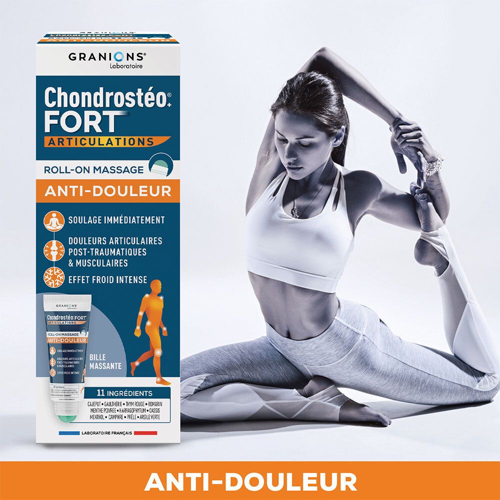 Tube à côté d'une femme faisant du yoga. Inscription: Chondrostéo Fort Articulations, Roll-on Massage Anti-Douleur.